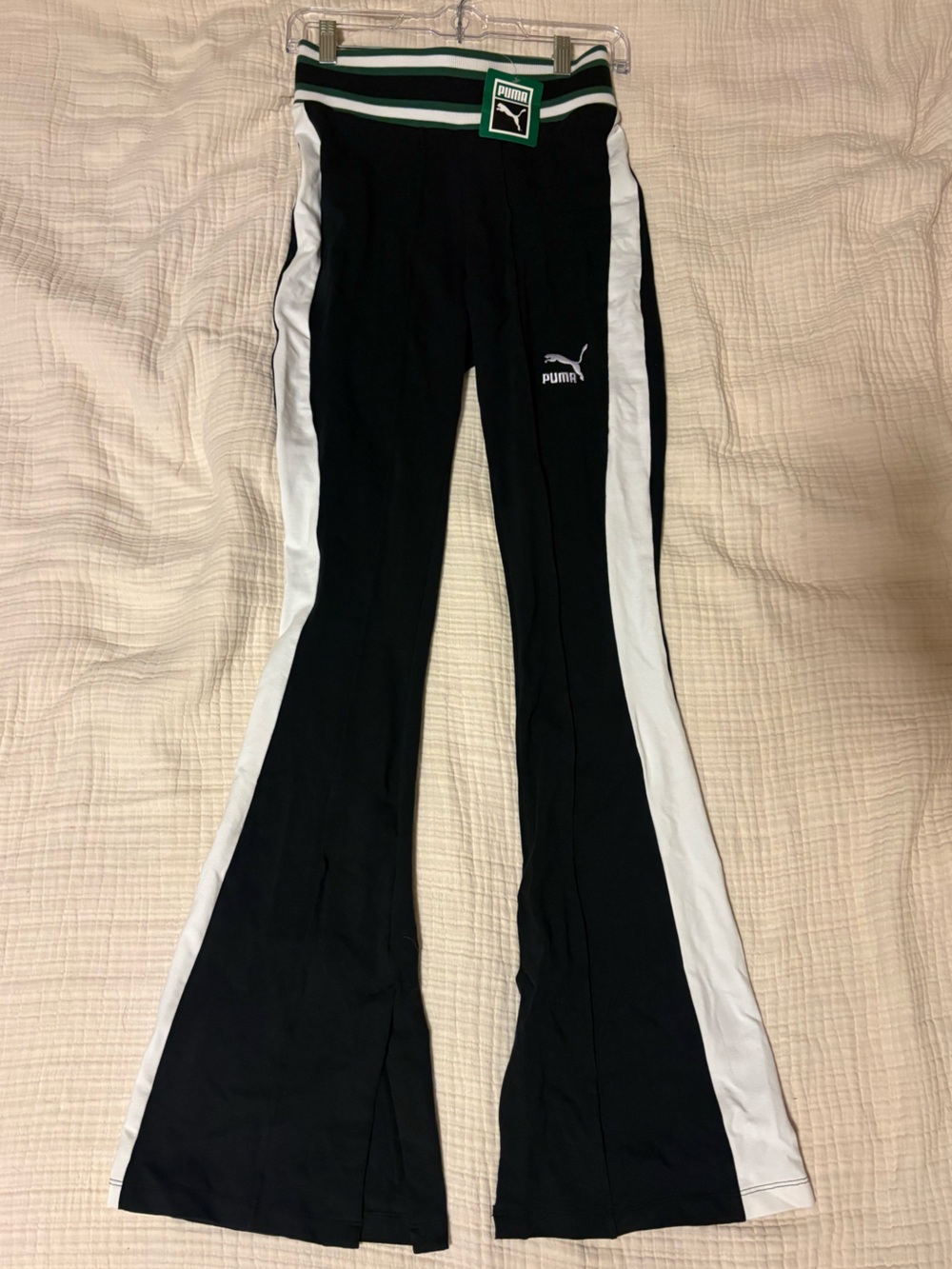 Vintage Size S Puma Black and Green Wide-Leg Leggings with White Side Panels NWT